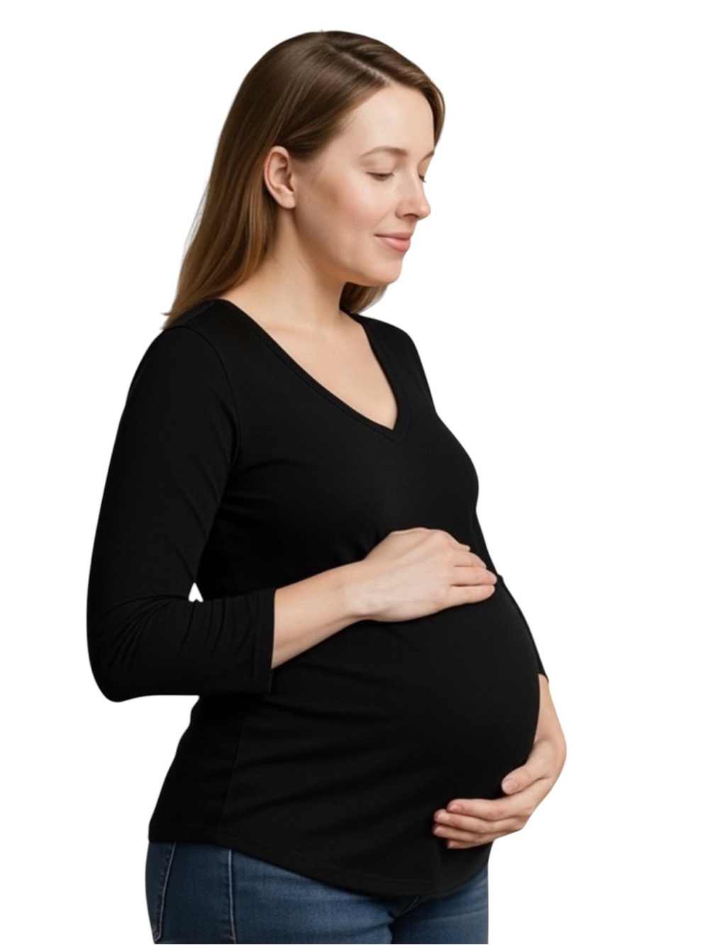 Thyme Maternity Black Long Sleeves V-Neck Top Size Large Stretchy Style 753460